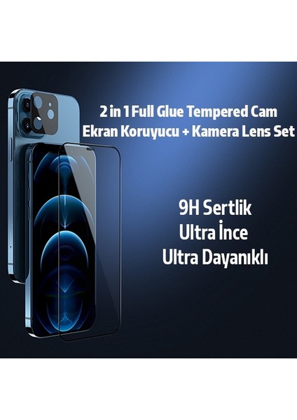 Iphone 12 6.1 2in1 Full Glue Tempered Cam Ekran Koruyucu +Kamera Lens Set AL-34279 fiyatları