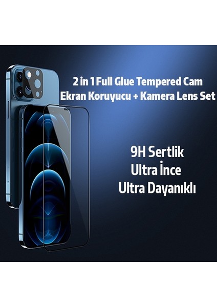 Iphone 12 Pro 2in1 Full Glue Tempered Cam Ekran Koruyucu +Kamera Lens Set AL-34280