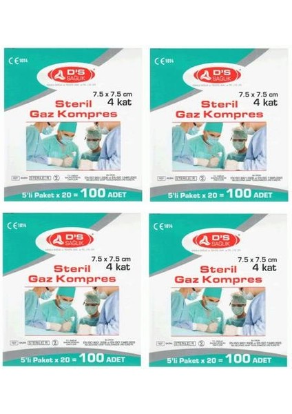 Gaz Kompres (Gazlı Bez) 7,5x7,5cm 5 Li 100 Lük + 4 Paket (400 Adet) - Ds