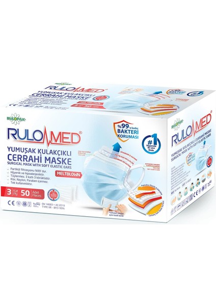 Rulomed Yumuşak Kulakçıklı Meltblow Cerrahi Maske 3 Katlı BEYAZ