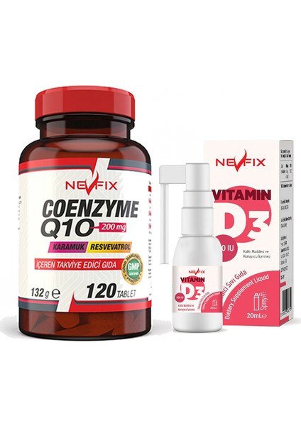 Coenzyme Q10 200 Mg Koenzim Resveratrol Q10 Karamuk 120 Tablet & Vitamin D3 400 Iu 20 ml Sprey (Sıvı)