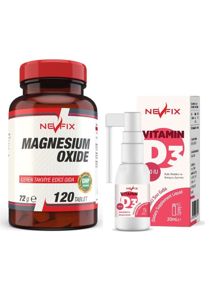 Magnesium Oxide Magnezyum 250 Mg 120 Tablet & Vitamin D3 400 Iu 20 ml Sprey (Sıvı)