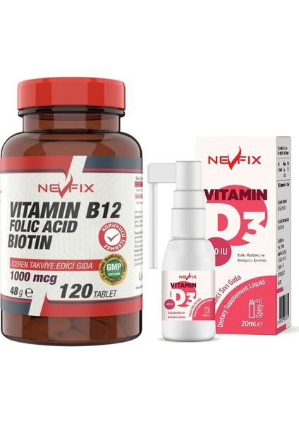 Vitamin B12 Folic Acid Biotin 1000 Mcg 120 Tablet & Vitamin D3 400 Iu 20 ml Sprey (Sıvı)