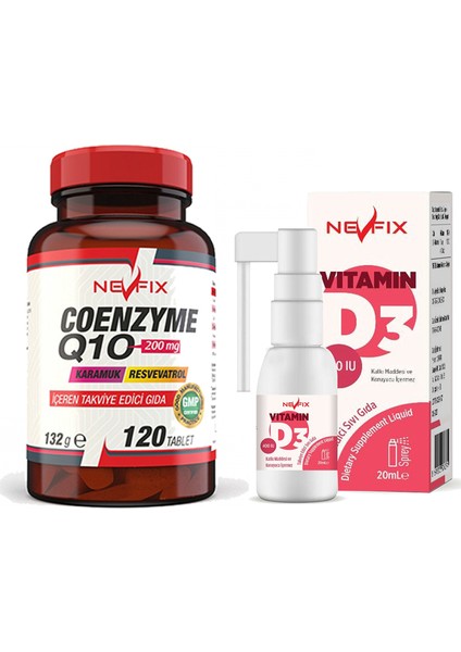 Coenzyme Q10 200 Mg Koenzim Resveratrol Q10 Karamuk 120 Tablet & Vitamin D3 400 Iu 20 ml Sprey (Sıvı)