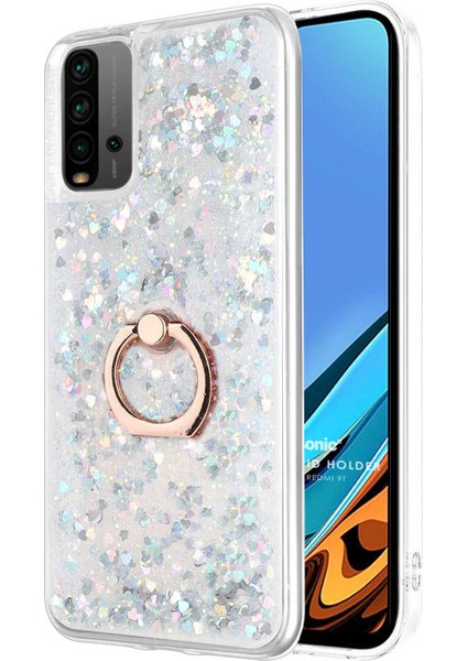 Xiaomi Redmi 9t Kılıf Glitter Liquid Holder Gümüş