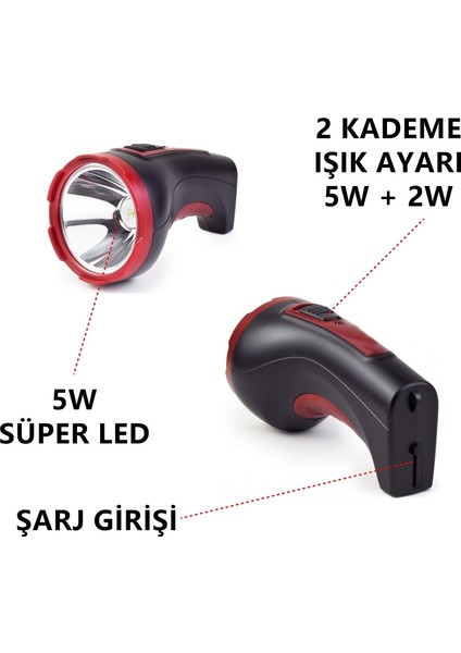 Turbo ST - 506 Ultra Güçlü 2 Kademeli 5W+2W LED Şarjlı El Feneri