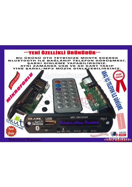 USB123 USB Li Bluetoothlu Oto Teyp Usb/sd Çevirici Aux Kumandalı 12 Volt Mikrofonlu ve Tlf Görüşmeli