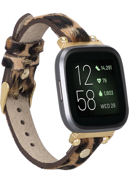 Fitbit Versa 2-3 Uyumlu Deri Kordon Gold Troklu Tüylü Leopar