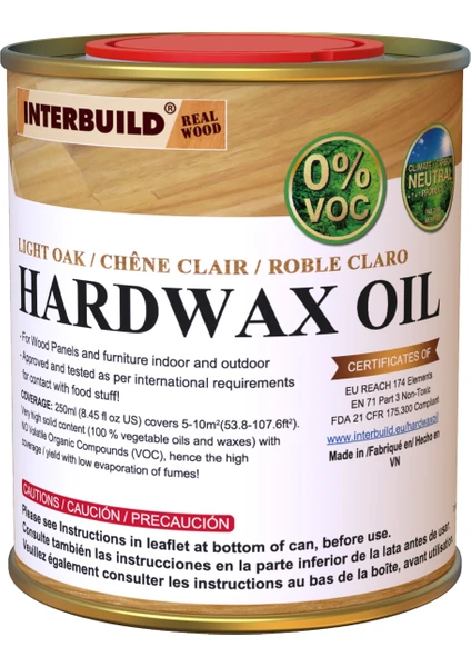 INTERBUILD REAL WOOD Interbuild Hardwax Oil (0%) Voc 250 ml Mobilya ve Ahşap Tezgah Yağı, Açık Meşe