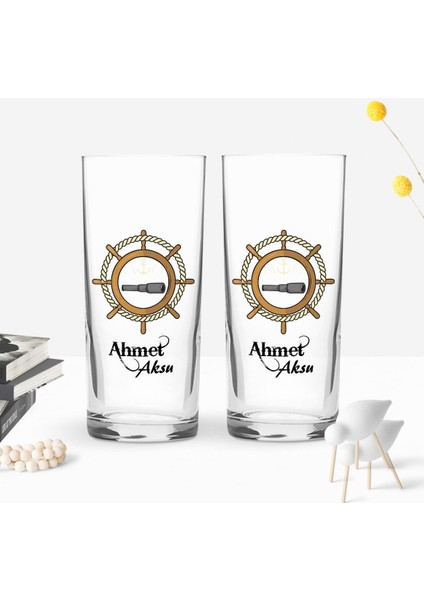 Kişiye Özel Renkli Baskılı Dümen Tasarımlı Ikili Rakı Bardağı Seti-3