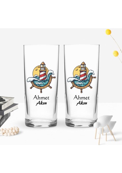Kişiye Özel Renkli Baskılı Dümen Tasarımlı Ikili Rakı Bardağı Seti-4