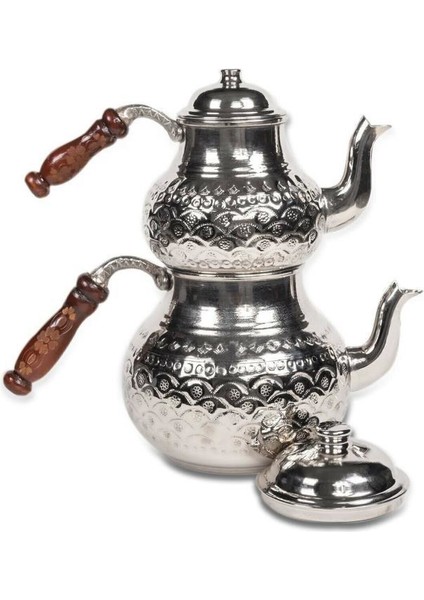 Baskılı Dövme Bakır Çaydanlık Nikel Renk