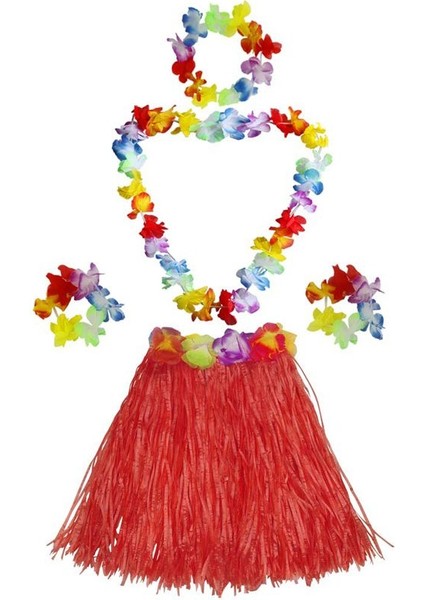 Setli Yetişkin Çocuk Uyumlu Hawaii Eteği Kırmızı