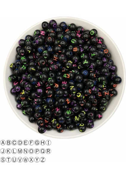 50 gr Harf Boncuk, 7mm Yuvarlak Siyah Zemin Üzeri Renkli Top Harf Boncuk (50GR, ~220 Adet)