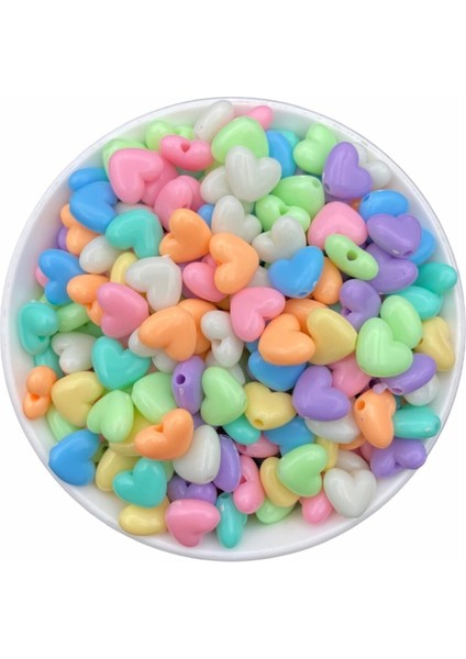 14MM Pastel Karışık Renkli Plastik Kalp Model Boncuk (25GR,~38 Adet)