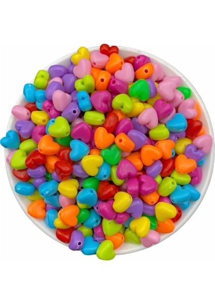 25 Gram 10MM Karışık Renkli Plastik Kalp Model Boncuk,hobi Takı Yapım Boncuğu ( 25GR,~60 Adet)