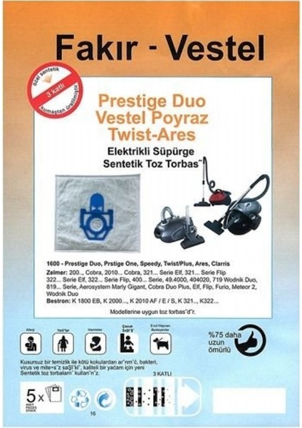 Prestige Duo Elektrikli Süpürge Torbası Bez 5 Adet