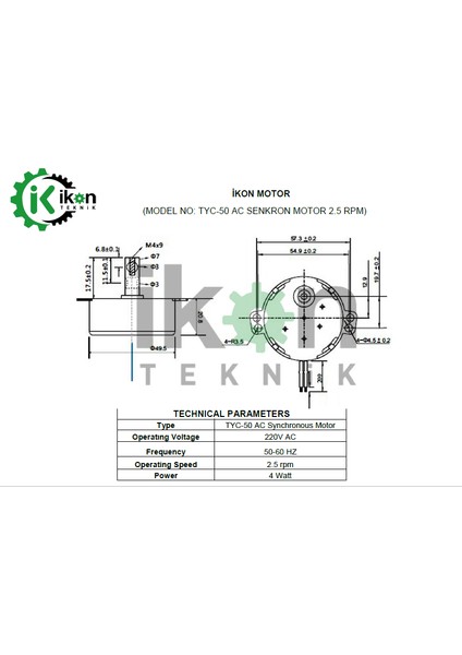 220 Volt TYC50 2,5 Rpm 4W, Elektrikli Şömine Çevirme Motoru, TYC50 2,5rpm Cw/ccw