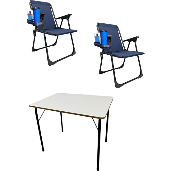 Moniev 2 Adet Kamp Sandalyesi Katlanır Piknik Sandalye Oval Bardaklıklı Lacivert + MDF Masa