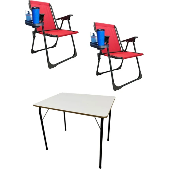 Moniev 2 Adet Kamp Sandalyesi Katlanır Piknik Sandalye Oval Bardaklıklı Kırmızı + MDF Masa