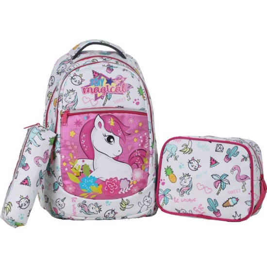 Çantaland 3'lü Okul Seti, Beyaz Unicorn Desenli Desenli İlkokul Çantası + Beslenme Çantası + Kalemlik