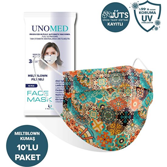 Unomed Face Mask Unomed Mandala 3 Katlı Ultrasonik Meltblown Filtreli 10'lu Cerrahi Maske-Burun Telli