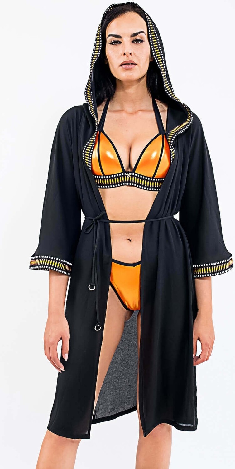 Med Maroco Kapüşonlu Pareo Kimono Siyah