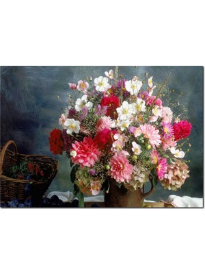 Cakatablo Ahşap Tablo  Vazo Sepet Renk Renk Bahar Çiçekleri Görseli