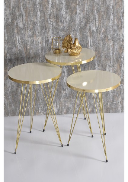 Zigon Sehpa ve Orta Sehpa Elips Set Gold Tel Krem