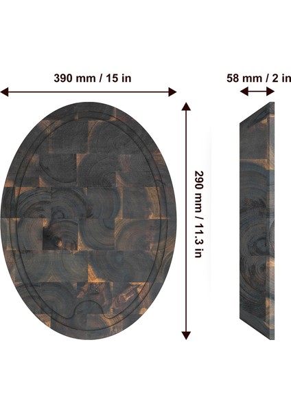 Interbuild Masif Akasya End Grain,samurai Oval Doğrama Kasap BLOĞU,39X29X5,8 Cm- Espresso