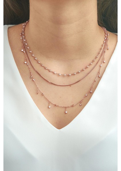 Gümüş Rose Renk Üç Zincirli Zirkon Taşlı Kolye