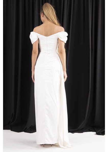 Ekru Drape Detaylı Saten Kumaş Abiye 9704858.147