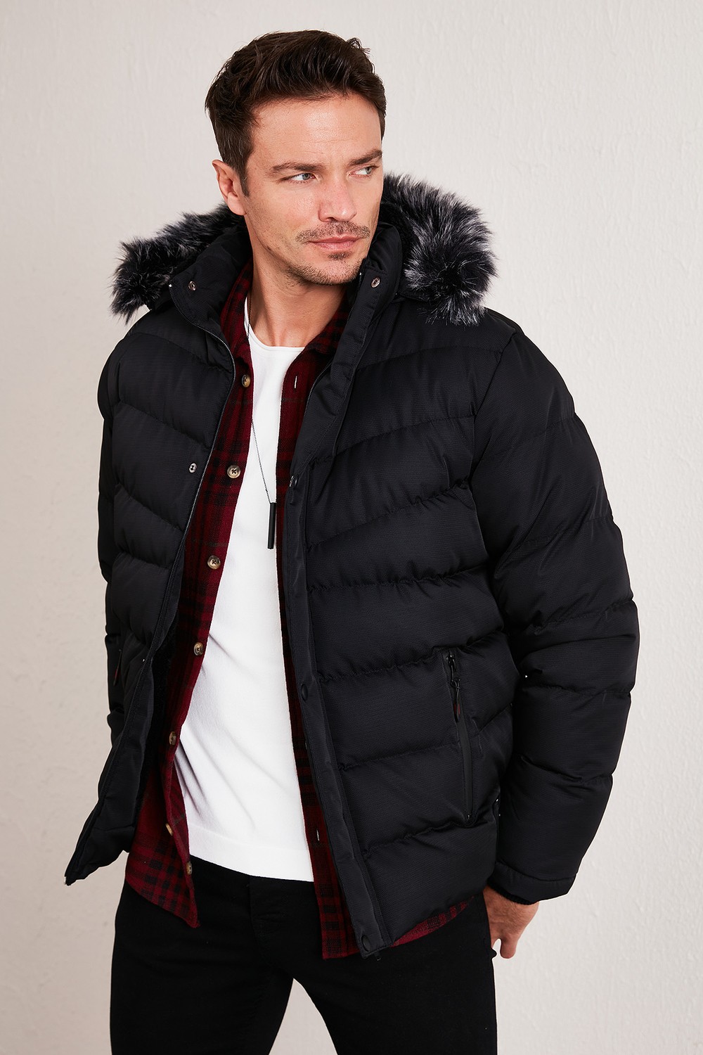Buratti Slim Fit Suni Kürklü Peluş Astarlı Çıkarılabilir Kapüşonlu Şişme Mont Erkek Mont 5761080 B görsel 6