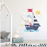 Sticker Sepetim Güneş Bulutlar ve Teknede Balık Tutan Ayıcık Çocuk Odası Duvar Sticker