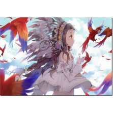 Cakatablo Ahşap Tablo Anime Kız ve Papağanlar Görseli