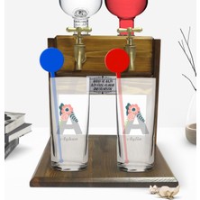 BK Kişiye Özel Renkli Baskılı Harf ve Isim Tasarımlı Ikili Vodka Bardağı ve Çift Musluklu Doğal Ahşap Vodka Standı-3