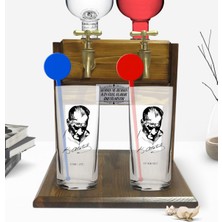 BK Kişiye Özel Renkli Baskılı Atatürk Temalı Ikili Vodka Bardağı ve Çift Musluklu Doğal Ahşap Vodka Standı-28