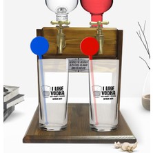 BK Kişiye Özel Renkli Baskılı I Like Vodka Ikili Vodka Bardağı ve Çift Musluklu Doğal Ahşap Vodka Standı-1