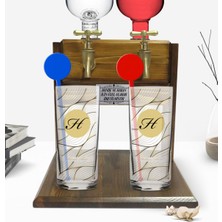 BK Kişiye Özel Renkli Baskılı Baş Harf Isim Tasarımlı Ikili Vodka Bardağı ve Çift Musluklu Doğal Ahşap Vodka Standı-3