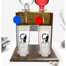 BK Kişiye Özel Renkli Baskılı Atatürk Temalı Ikili Vodka Bardağı ve Çift Musluklu Doğal Ahşap Vodka Standı-13