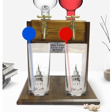 BK Kişiye Özel Renkli Baskılı Galata Kulesi Tasarımlı Ikili Vodka Bardağı ve Çift Musluklu Doğal Ahşap Vodka Standı-11