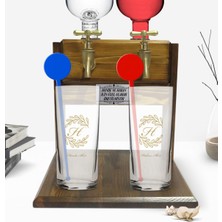BK Kişiye Özel Renkli Baskılı Baş Harf Isim Tasarımlı Ikili Vodka Bardağı ve Çift Musluklu Doğal Ahşap Vodka Standı-7