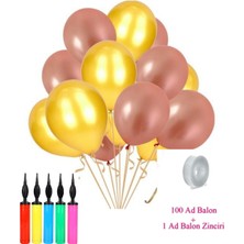 Hknys 100 Adet Metalik Rose Gold, Altın Balon + 5m Zincir+Balon Pompası