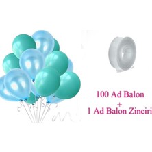 Hknys 100 Adet Su Yeşili-Açık Mavi Metalik  Balon+5m Balon Zinciri