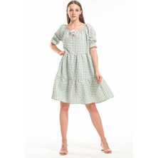 Sense Gipeli Büzgülü Reglan Yaka Gofre Elbise | ELB33651 Yesıl