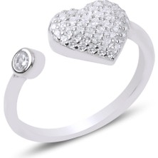 Gümüş Takı Dünyası Rodyum Kaplama Zirkon Taşlı Kalpli Ayarlanabilir Gümüş Kadın Yüzük