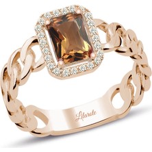 Lilarote Italyan Tasarım Halkalı Konyak Taşlı Altın Baget Yüzük