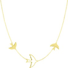 Engingold 14K Altın Üçlü Kuş Figürlü Kolye