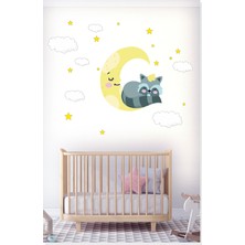 Sticker Sepetim Uyuyan Rakun Beyaz Bulutlar Ay ve Yıldızlar Set Çocuk Odası Duvar Sticker