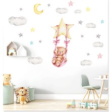 Sticker Sepetim Salıncakta Sallanan Sevimli Ayıcık Bulut ve Yıldızlar 2 Çocuk Odası Duvar Sticker
